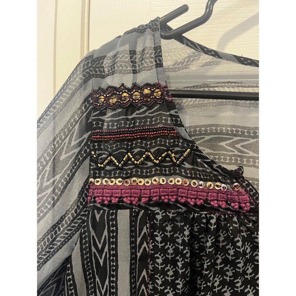 Free People Black Patterned Beaded Tunic Top Long Sleeve Women Medium Sheer Boho - Picture 3 of 14